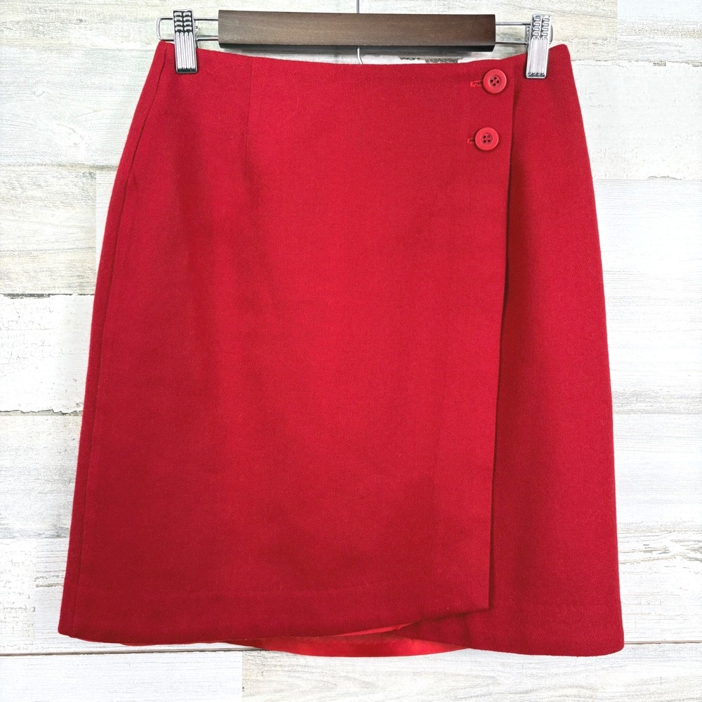 Michele Vintage Red 100% Wool Wrap Button Skirt Size 8 Career‎ Office Casual